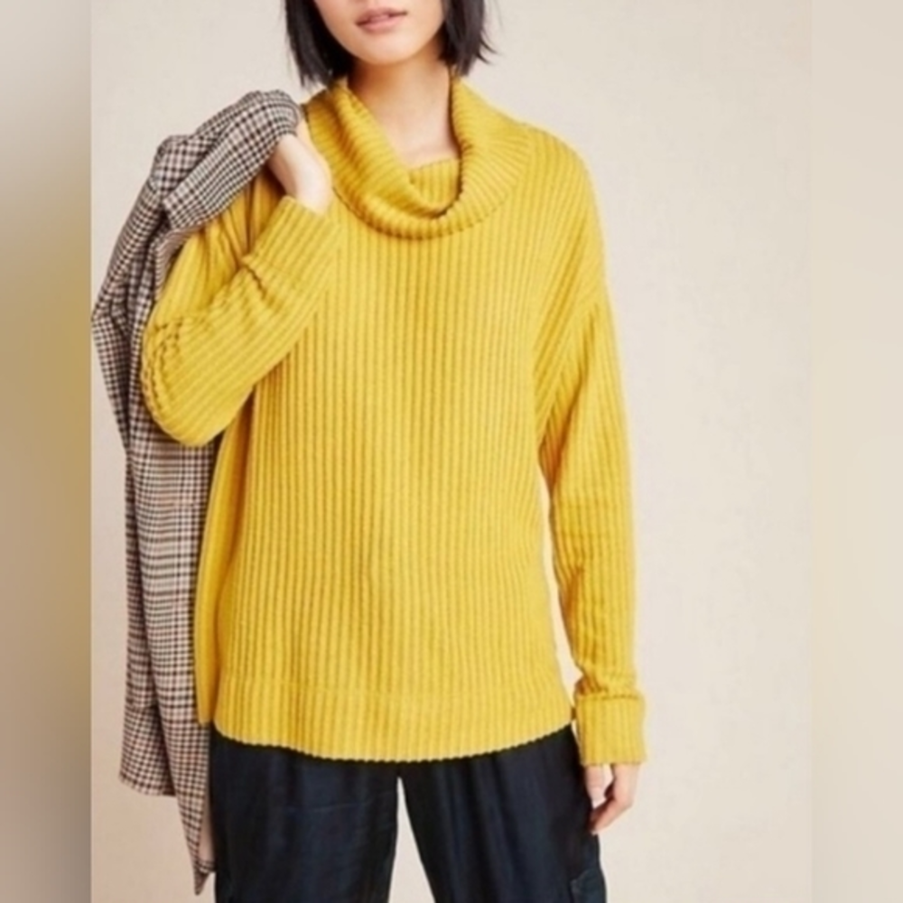 Anthropologie Maeve‎ Vanna Mustard Yellow Cowl Neck Long Sleeve Ribbed Top